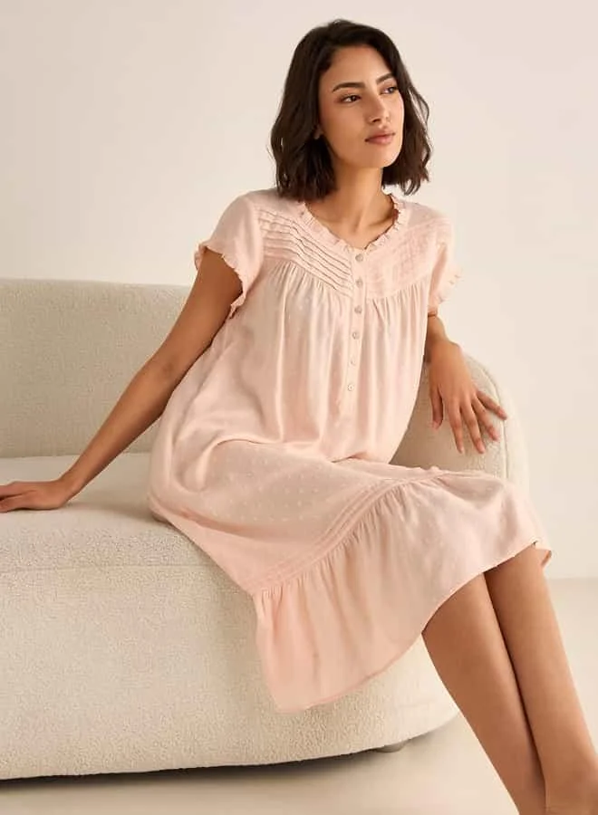 Splash FAV Textured Round Neck Night Dress with Short Sleeves and Pintuck Detail