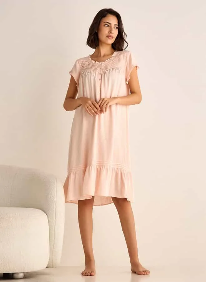 Splash FAV Textured Round Neck Night Dress with Short Sleeves and Pintuck Detail