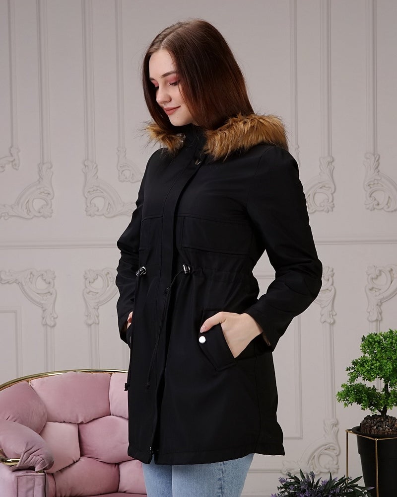 Vibeys Collection Black Fur Lined and Waterproof Plus Size Women's Winter Coat & Jacket - Image 1