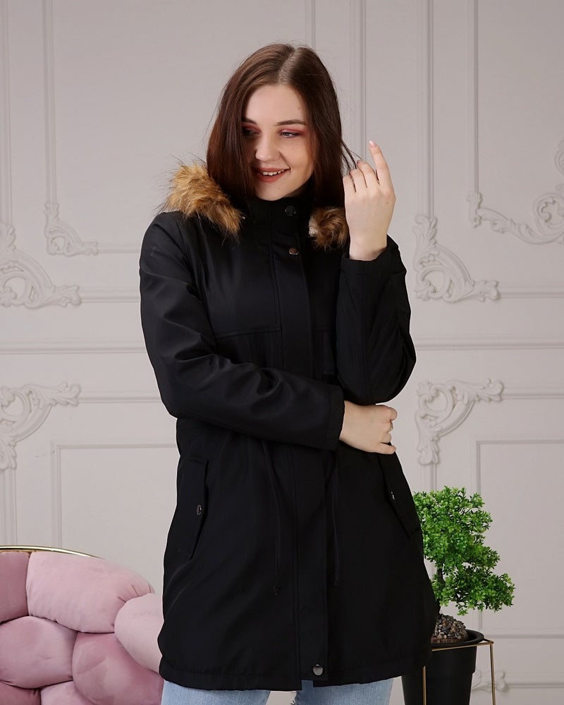 Vibeys Collection Black Fur Lined and Waterproof Plus Size Women's Winter Coat & Jacket - Image 3