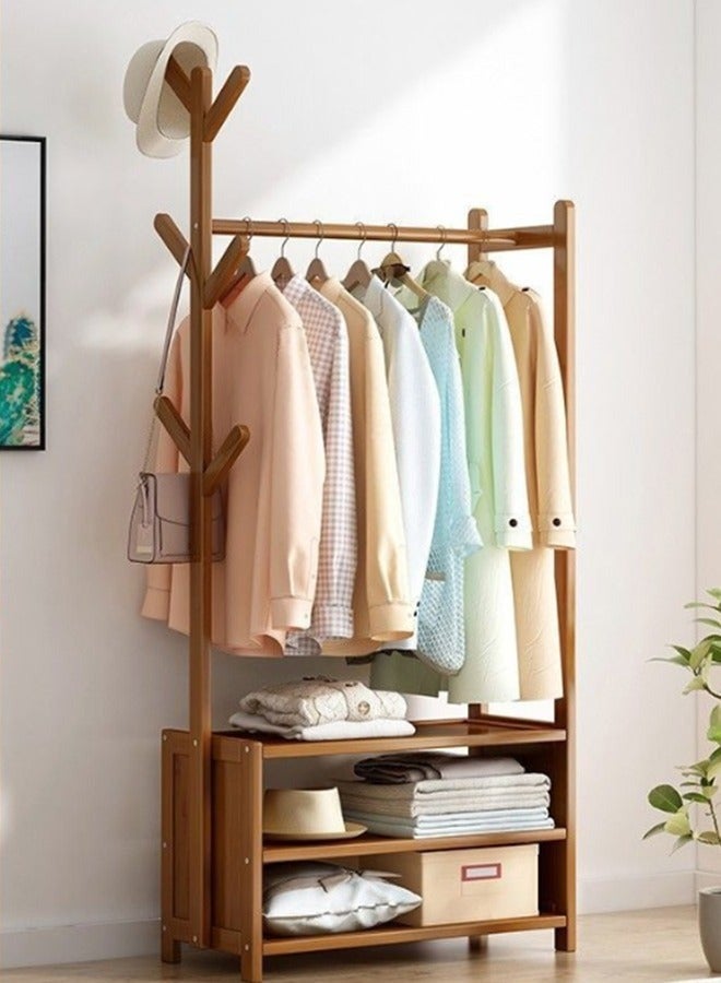 Bamboo Garment Rack, Clothes Coat Hanging Rack Hall Tree Storage Shelves Closet Organizer Shoe Rack Free Standing Wardrobe Storage for Entryway Living Bedroom Office Storage (70*30*138CM) - Image 1