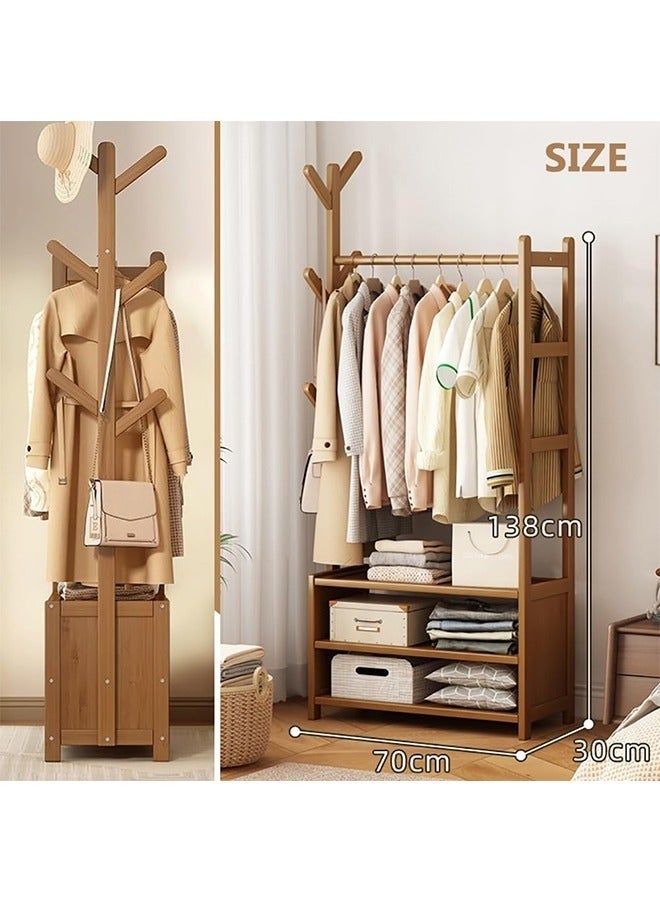 Bamboo Garment Rack, Clothes Coat Hanging Rack Hall Tree Storage Shelves Closet Organizer Shoe Rack Free Standing Wardrobe Storage for Entryway Living Bedroom Office Storage (70*30*138CM) - Image 3