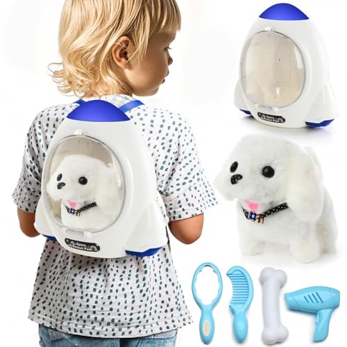 WorWoder Electronic Interactive Plush Puppy Battery Operated Mechanical Walking Little Pet Dog with a Cute Bag Barking Tail Wagging Stretching Companion Animal for Toddlers Kids - Image 1