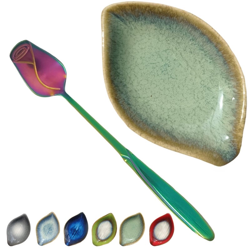 TOPYOKK Coffee Spoon and Rest for Coffee Bar Accessories, Leaf Small Spoon Rest for Coffee Station, Tea Spoon Rest Tea Spoon Holder Teaspoon Rest, 1 PC (Retro Mist Green with Rainbow Rose Spoon) - Image 1