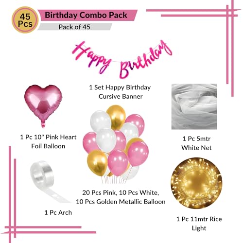 1iAM Happy Birthday Decoration Items for Girls | Pack of 45 - 1pc Banner, Net, Light, Arch & 41pcs Balloons | Romantic Pink White Golden Cabana Birthday Decoration Kit for Wife | Party Supplies - Image 2