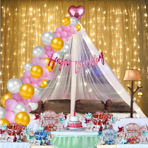 1iAM Happy Birthday Decoration Items for Girls | Pack of 45 - 1pc Banner, Net, Light, Arch & 41pcs Balloons | Romantic Pink White Golden Cabana Birthday Decoration Kit for Wife | Party Supplies - Image 1