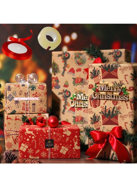Christmas Wrapping Paper Set 6 Sheets of Brown Kraft Paper with 10 Meter Ribbon and Transparent Tape