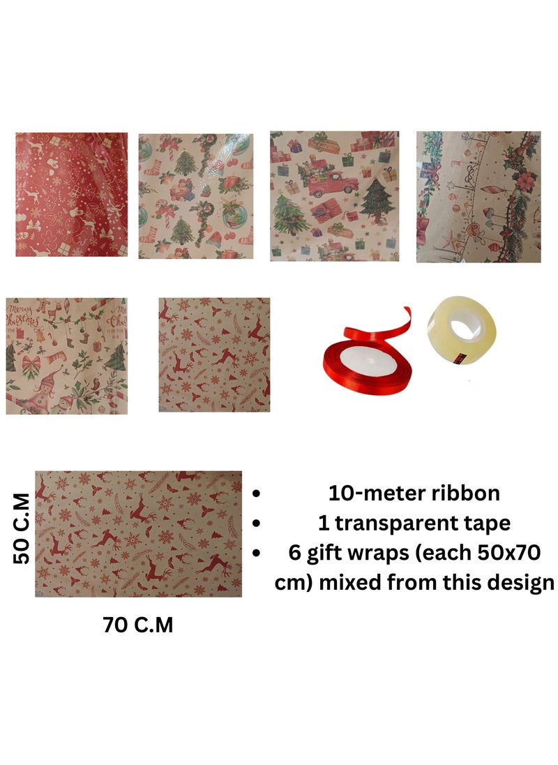 Christmas Wrapping Paper Set 6 Sheets of Brown Kraft Paper with 10 Meter Ribbon and Transparent Tape - pzsku/ZDBFEEF082635FA8531D2Z/45/_/1733164619/42d38cf8-44ac-496e-9645-03477e12f76c