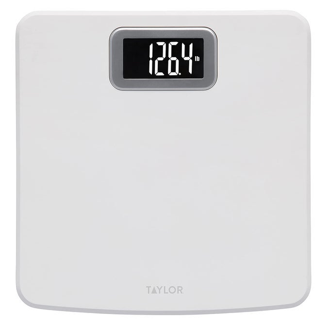 DIGITAL SCALE FOR BODY WEIGHT HIGH 400 LB CAPACITY EASY TO READ READOUT DISPLAY WITH SILVER BEZEL ACCENT DURABLE PLATFORM WHITE