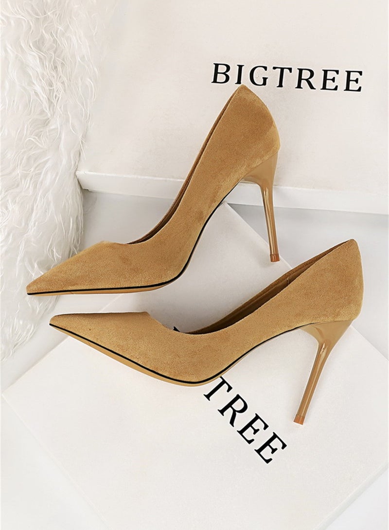 BIGTREE 9cm Fashion Simple Fine Heel Suede Shallow Mouth Pointed High-Heeled Shoes For Women Brown - Image 2