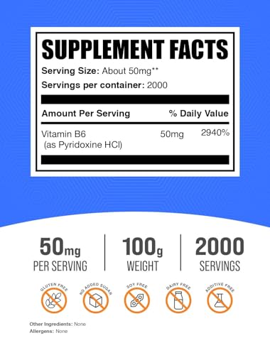 BulkSupplements.com Pyridoxine HCl Powder - Vitamin B6 Supplement, Vitamin Supplement - Gluten Free, 50mg of Pyridoxine B6 per Serving, 100g (3.5 oz) (Pack of 1) - Image 2