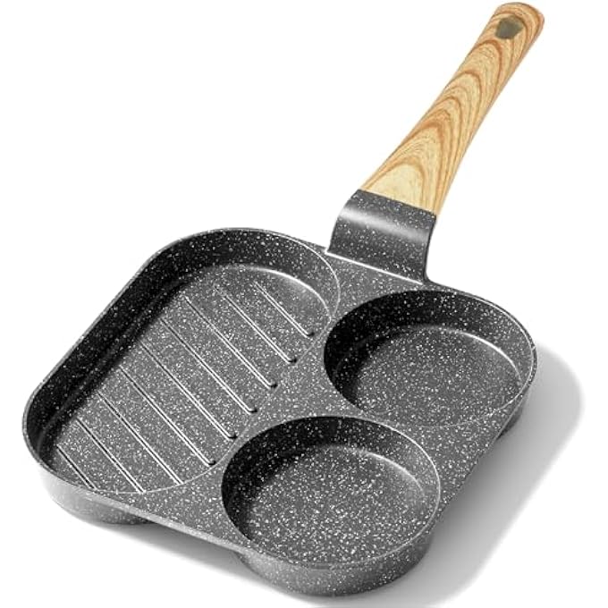 GIPP Non Stick Egg Pan  Section Breakfast Frying Pan Grill Pan With HeatResistant Handle Omelette Pan Compatible With All Stovetops Pfoa Free Gray 3 Hole - Image 1