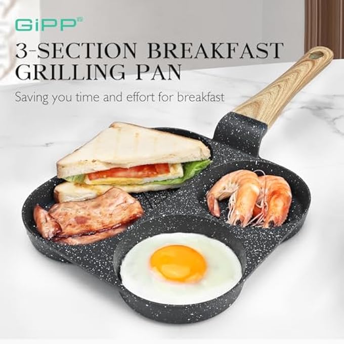 GIPP Non Stick Egg Pan  Section Breakfast Frying Pan Grill Pan With HeatResistant Handle Omelette Pan Compatible With All Stovetops Pfoa Free Gray 3 Hole - Image 2