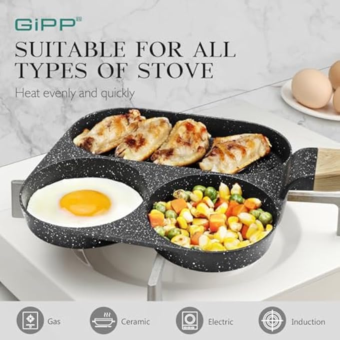 GIPP Non Stick Egg Pan  Section Breakfast Frying Pan Grill Pan With HeatResistant Handle Omelette Pan Compatible With All Stovetops Pfoa Free Gray 3 Hole - Image 3