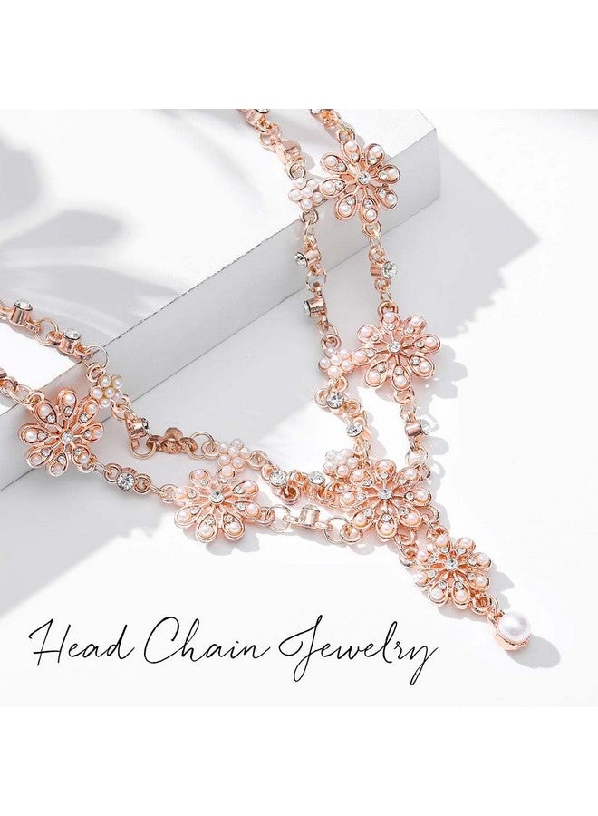 Aceorna Wedding Headbands Chain Floral Head Jewelry Hair Pieces Crystal Pearl Head Chains Headpiece Festival Holloween Costume Bridal Hair Accessories For Women And Girls (Rose Gold) - Image 3