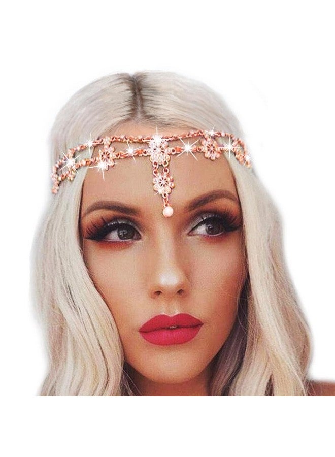 Aceorna Wedding Headbands Chain Floral Head Jewelry Hair Pieces Crystal Pearl Head Chains Headpiece Festival Holloween Costume Bridal Hair Accessories For Women And Girls (Rose Gold) - Image 1