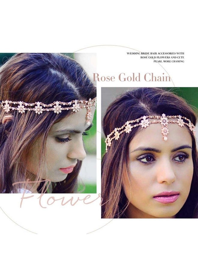 Aceorna Wedding Headbands Chain Floral Head Jewelry Hair Pieces Crystal Pearl Head Chains Headpiece Festival Holloween Costume Bridal Hair Accessories For Women And Girls (Rose Gold) - Image 5