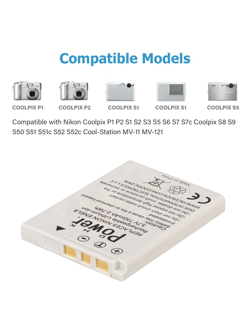 DMK Power 2x EN-EL8 730mAh Camera Battery Compatible with Nikon Coolpix P1 P2 S1 S2 S3 S5 S6 S7 S7c Coolpix S8 S9 S50 S51 S51c S52 S52c Cool-Station MV-11 MV-121