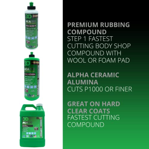 3D ACA 510 Premium Rubbing Compound - 8oz - Step 1 Fastest Cutting Body Shop Compound with Wool or Foam Pad - Cuts P1000 or Finer - Great on Hard Clear Coats - Alpha Ceramic Alumina - Image 2