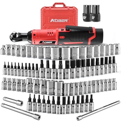 AOBEN Cordless Electric Ratchet Wrench with 83pc 1/4" to 3/8" impact sockets set,12V Electric Wrench with Variable Speed,3/8" to 1/4" Adapter, 3" Extension Bar - Image 1