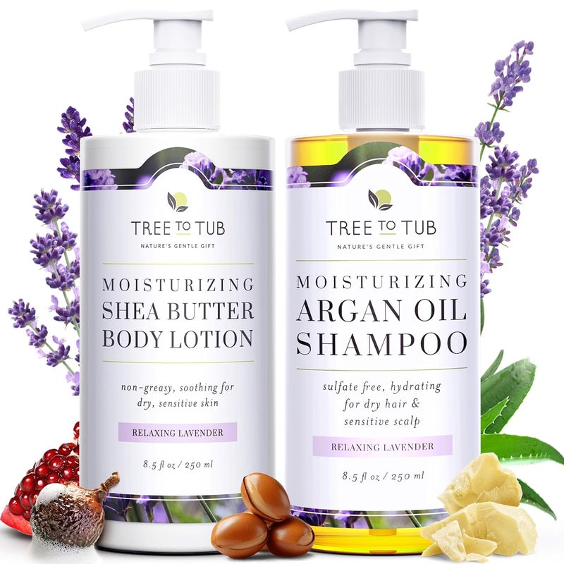 Tree to Tub Lavender Shea Butter Body Lotion for Dry Skin Lavender Dry Hair Shampoo for Sensitive Scalp Moisturizing Sensitive Skin Lotion Gentle Hydrating Dry Scalp Shampoo for Women Men - Image 1