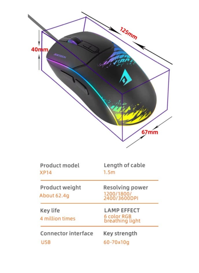 Generic - JERTECH XP14 Mouse New Best LED Braided Wire LOGO Design Backlit Adjustable 4 Gears DPI Mouse Wired Ergonomic 7D Gaming Mouse - Image 1