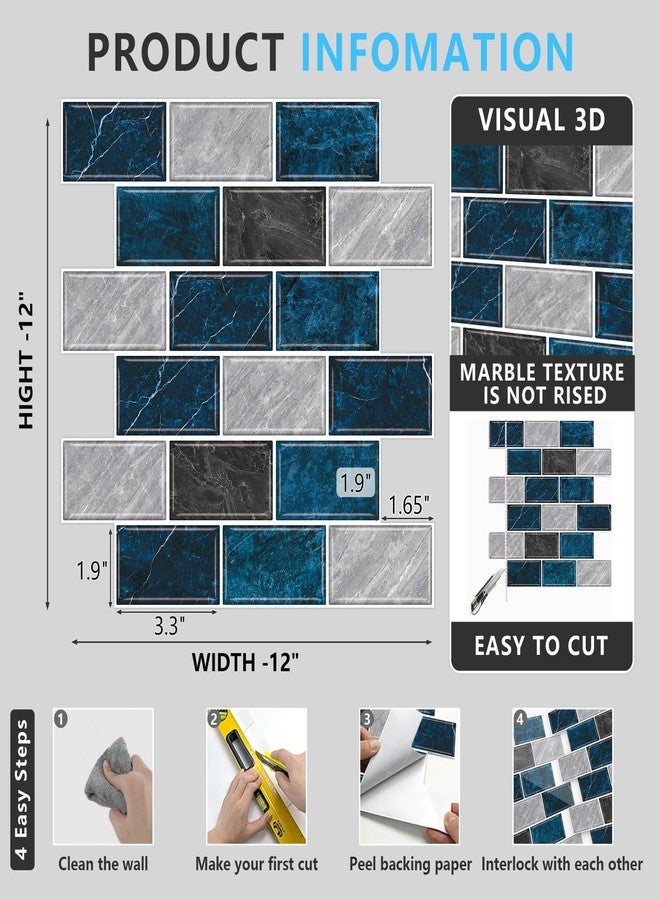 URCOLOR 10-Sheet Backsplash Tile for Kitchen Peel and Stick,12"x12" Self Adhesive Wall Tiles Stick on Back Splashes for Bathroom Blue Marble Look - Image 5