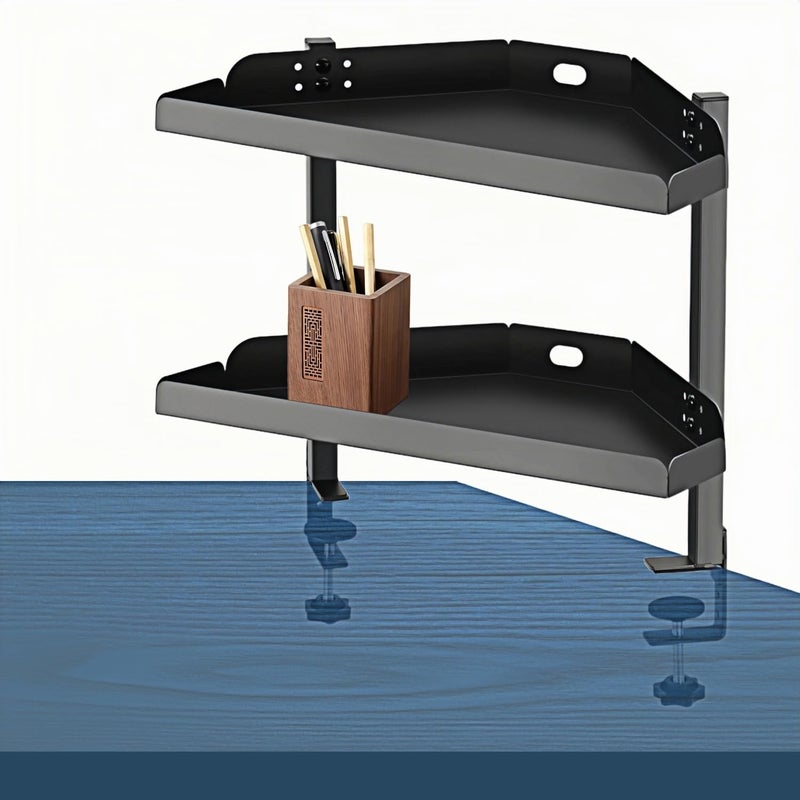 Yuxh Clamp On Desk Corner Shelf 2 Tier Cilp Under Table Corner Organizer, Black-M, 16 inch - Image 1