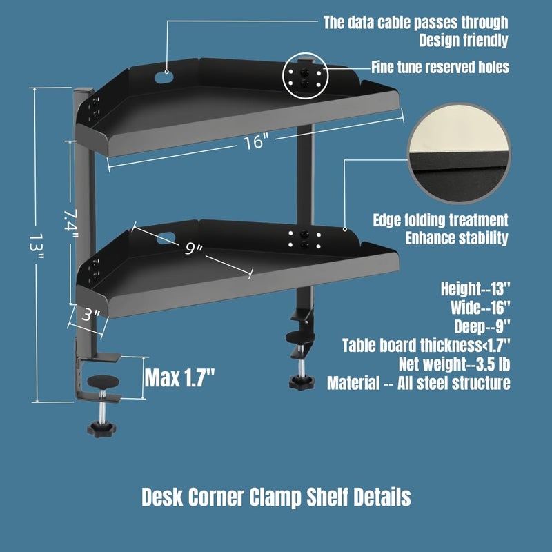 Yuxh Clamp On Desk Corner Shelf 2 Tier Cilp Under Table Corner Organizer, Black-M, 16 inch - Image 2