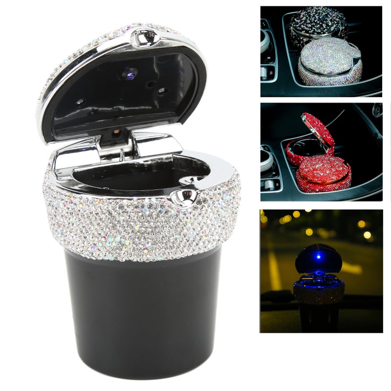Car Ashtray DiamondStudded Smokeless Container with LED Light Indicator Multifunctional Universal(White ) - Image 1