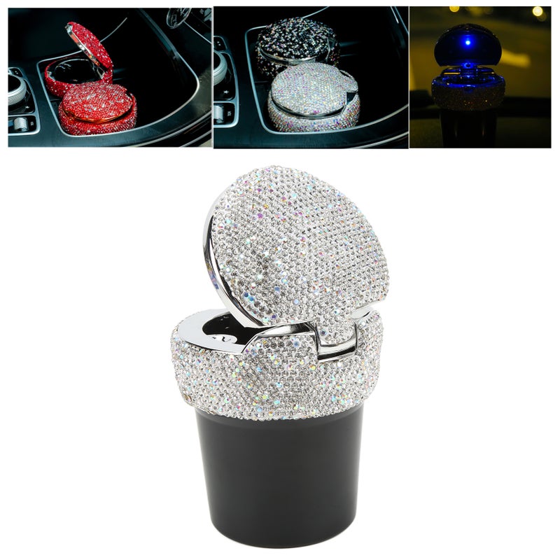 Car Ashtray DiamondStudded Smokeless Container with LED Light Indicator Multifunctional Universal(White ) - Image 2
