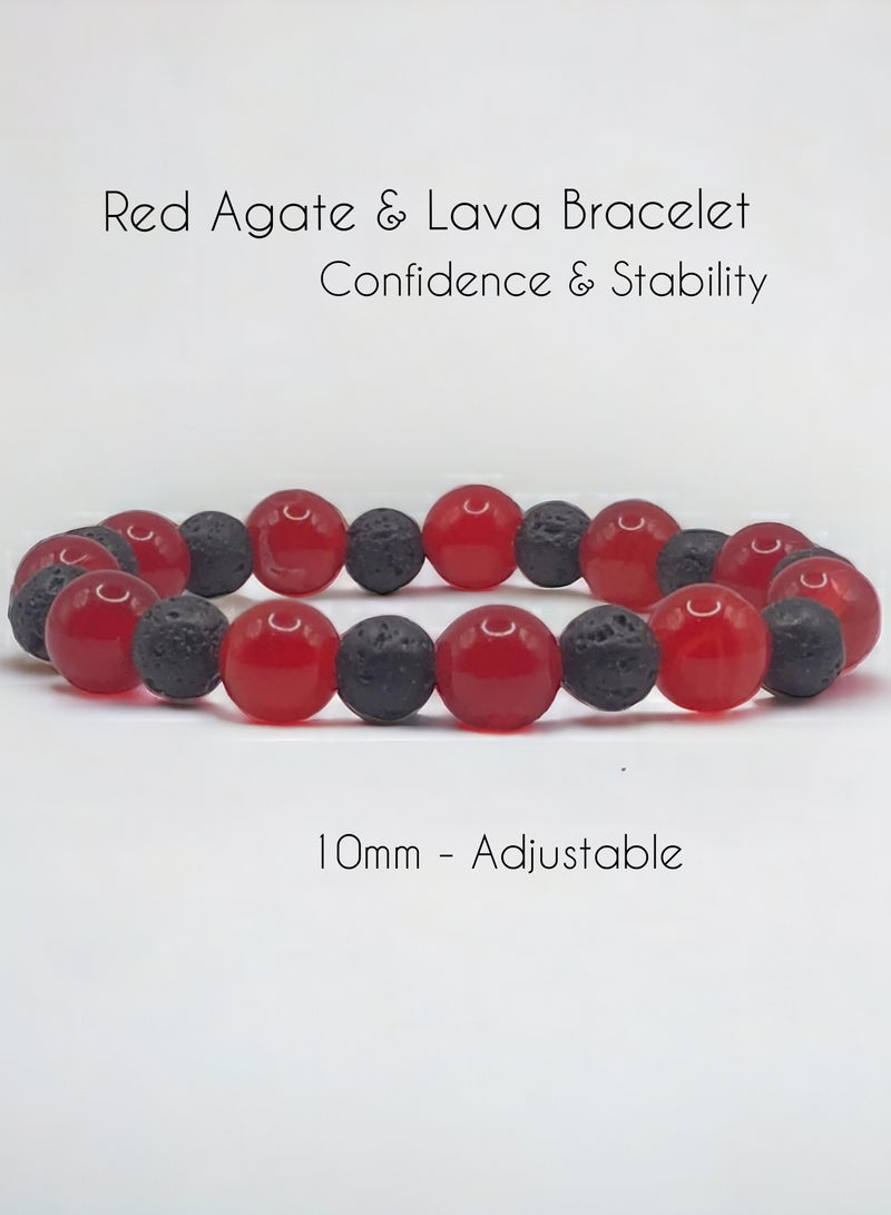 HADIGEMS 10mm Red Agate And Lava Beads Stretch Bracelet - Image 1