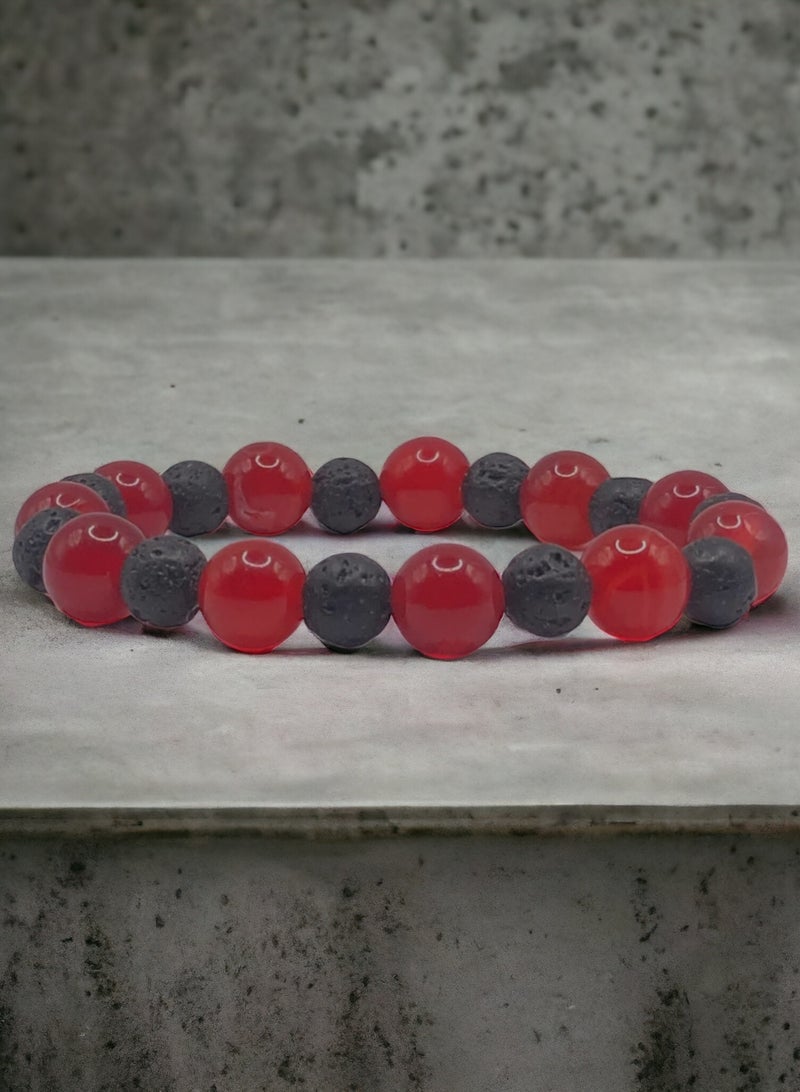 HADIGEMS 10mm Red Agate And Lava Beads Stretch Bracelet - Image 2