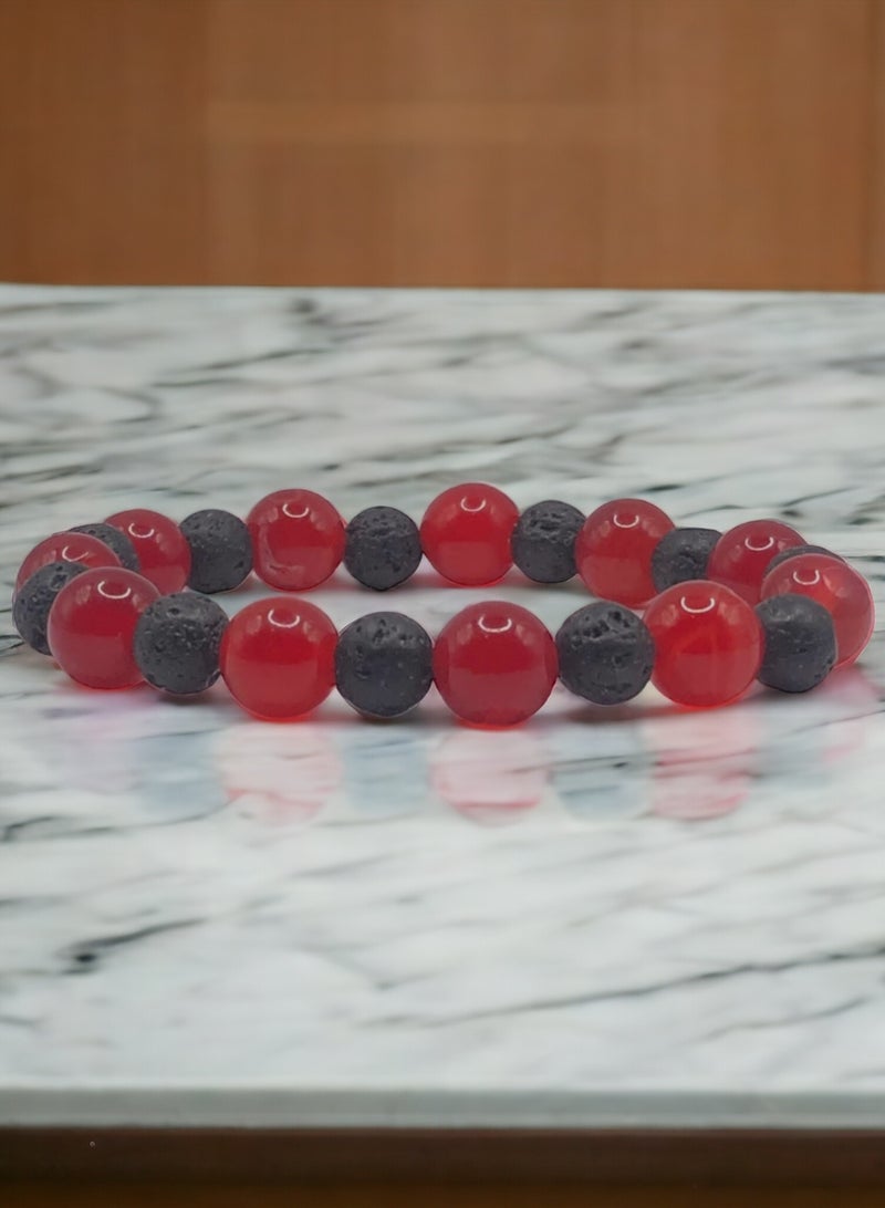 HADIGEMS 10mm Red Agate And Lava Beads Stretch Bracelet - Image 3