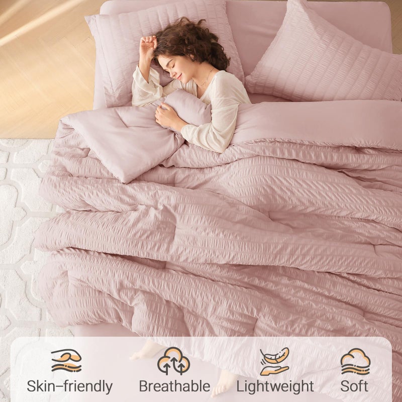 MUXHOMO 7 Pieces Queen Comforter Set, Seersucker Bed in a Bag Queen Size, All Season Luxury Bedding Set with Comforter, Flat Sheet, Fitted Sheet, Pillowcases & Shams, Rose Gold - Image 2