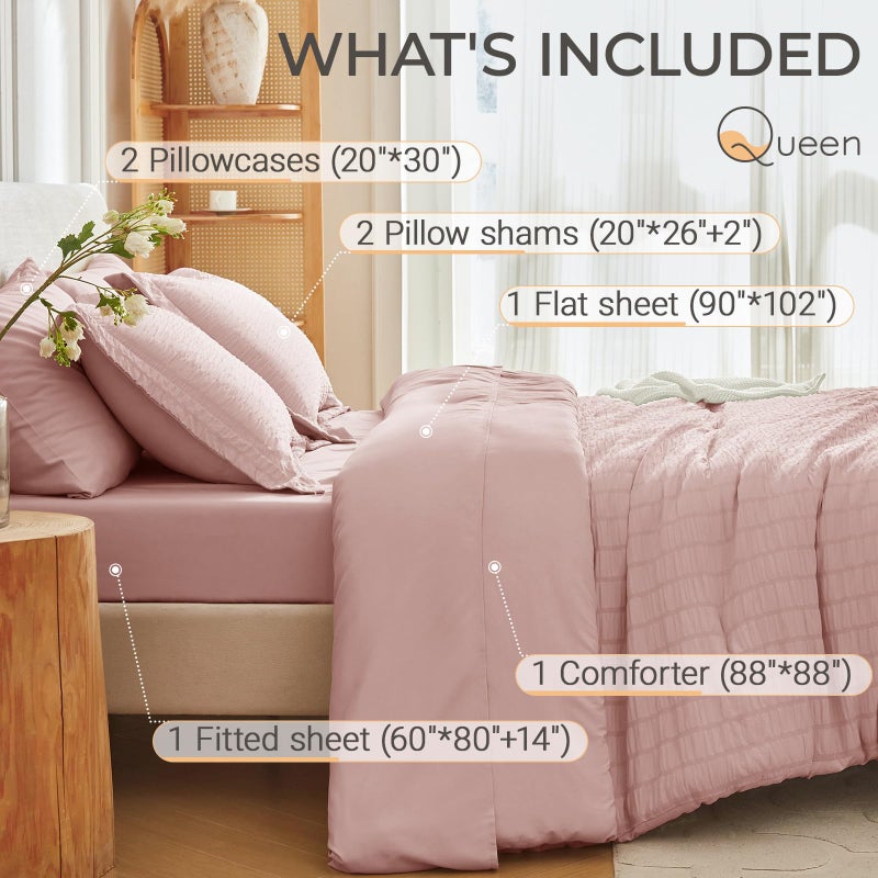 MUXHOMO 7 Pieces Queen Comforter Set, Seersucker Bed in a Bag Queen Size, All Season Luxury Bedding Set with Comforter, Flat Sheet, Fitted Sheet, Pillowcases & Shams, Rose Gold - Image 4