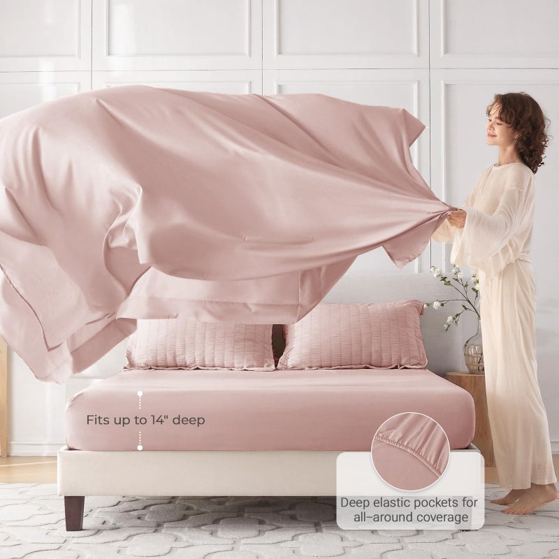 MUXHOMO 7 Pieces Queen Comforter Set, Seersucker Bed in a Bag Queen Size, All Season Luxury Bedding Set with Comforter, Flat Sheet, Fitted Sheet, Pillowcases & Shams, Rose Gold - Image 3