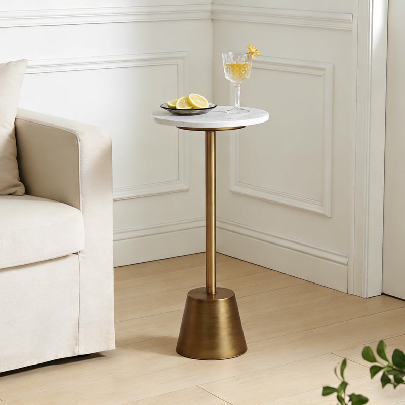 Aoligrace White Marble Pedestal Side Table, Round End Table with Antique Base for Couch, Small Drink Tables for Small Spaces, Vintage Cocktail Martini Table for Living Room - Image 1