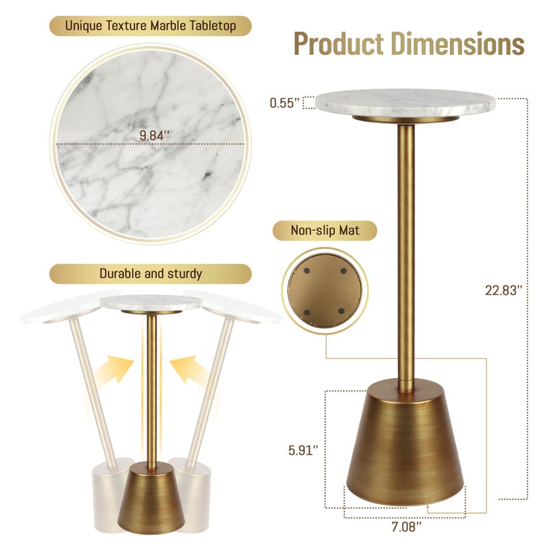 Aoligrace White Marble Pedestal Side Table, Round End Table with Antique Base for Couch, Small Drink Tables for Small Spaces, Vintage Cocktail Martini Table for Living Room - Image 2