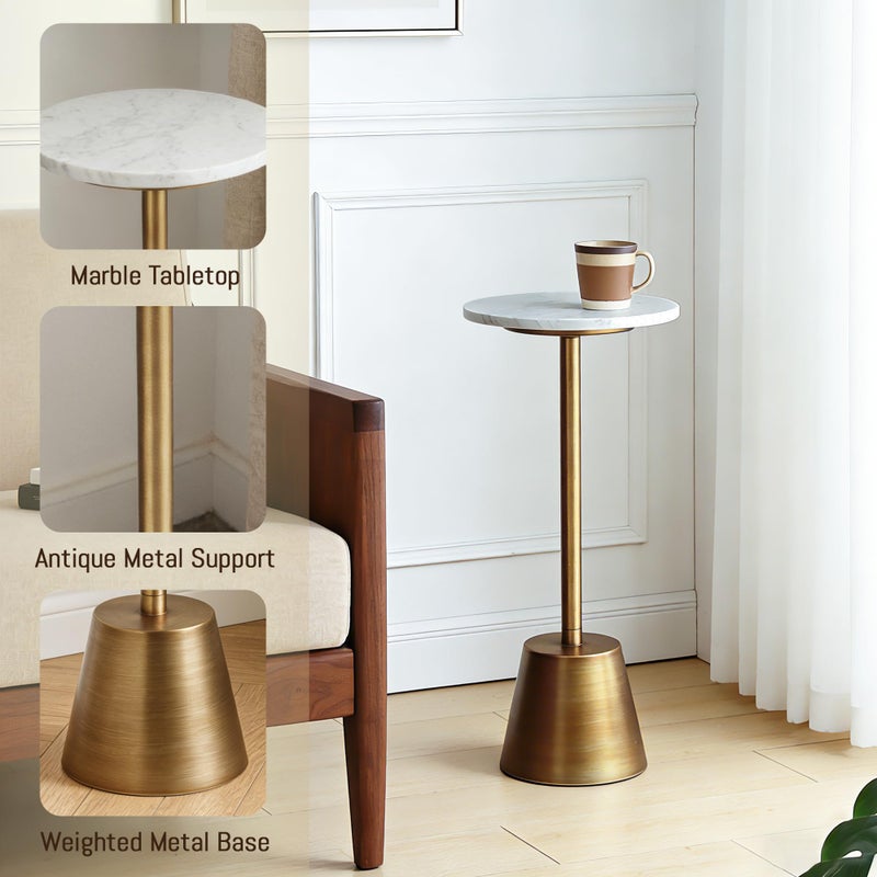 Aoligrace White Marble Pedestal Side Table, Round End Table with Antique Base for Couch, Small Drink Tables for Small Spaces, Vintage Cocktail Martini Table for Living Room - Image 4