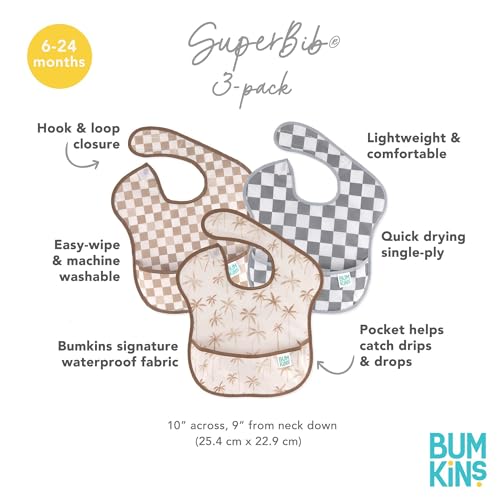 Bumkins Bibs for Girl or Boy, SuperBib Baby and Toddler for 6-24 Months, Essential Must Have for Eating, Feeding, Baby Led Weaning Supplies, Mess Saving Catch Food, 3-pk Palms and Checks - Image 5