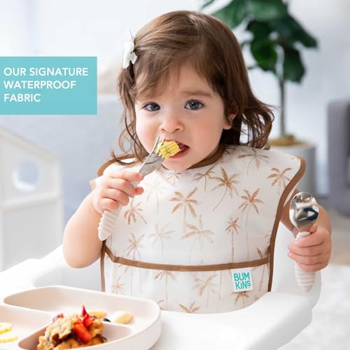 Bumkins Bibs for Girl or Boy, SuperBib Baby and Toddler for 6-24 Months, Essential Must Have for Eating, Feeding, Baby Led Weaning Supplies, Mess Saving Catch Food, 3-pk Palms and Checks - Image 4