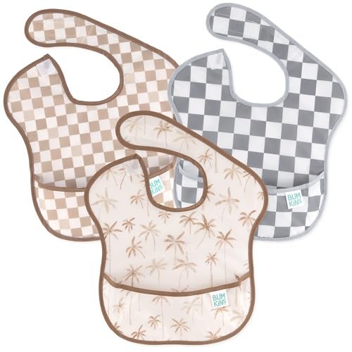 Bumkins Bibs for Girl or Boy, SuperBib Baby and Toddler for 6-24 Months, Essential Must Have for Eating, Feeding, Baby Led Weaning Supplies, Mess Saving Catch Food, 3-pk Palms and Checks - Image 1