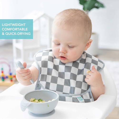 Bumkins Bibs for Girl or Boy, SuperBib Baby and Toddler for 6-24 Months, Essential Must Have for Eating, Feeding, Baby Led Weaning Supplies, Mess Saving Catch Food, 3-pk Palms and Checks - Image 3