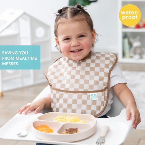 Bumkins Bibs for Girl or Boy, SuperBib Baby and Toddler for 6-24 Months, Essential Must Have for Eating, Feeding, Baby Led Weaning Supplies, Mess Saving Catch Food, 3-pk Palms and Checks - Image 2