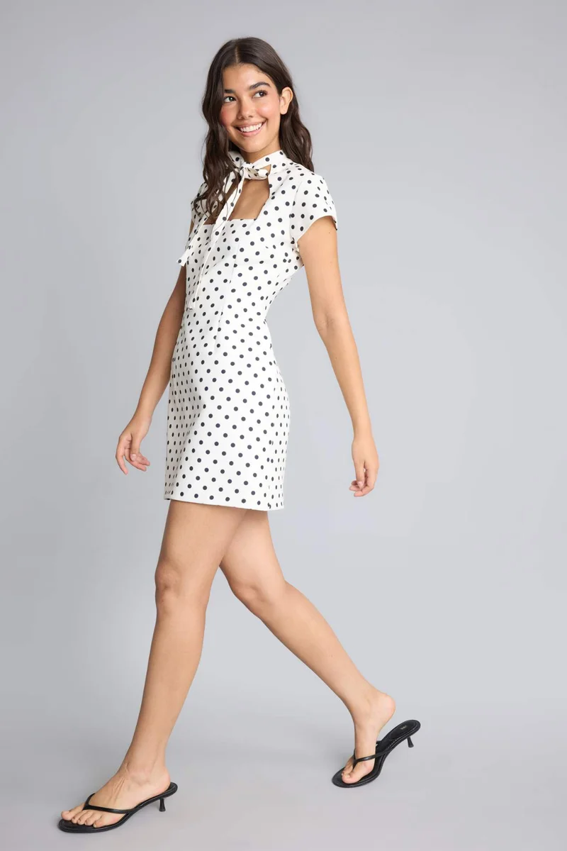 Defacto Mandarin Collar Crepe Polka Dot Mini Dress