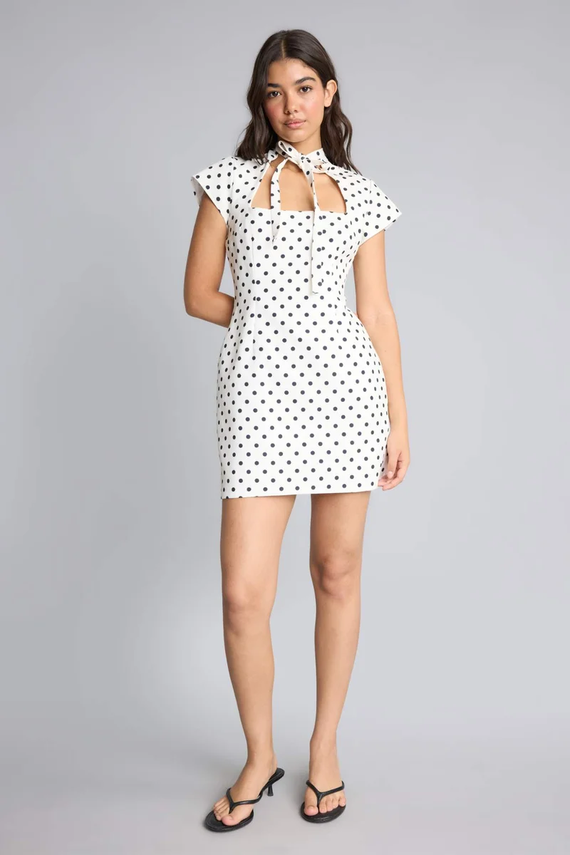 Defacto Mandarin Collar Crepe Polka Dot Mini Dress