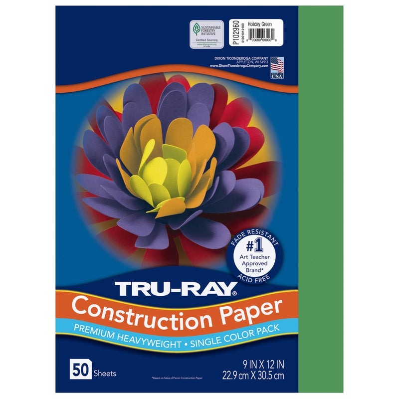 Tru-Ray Heavyweight Construction Paper, Holiday Green, 9" x 12", 50 Sheets - Image 1