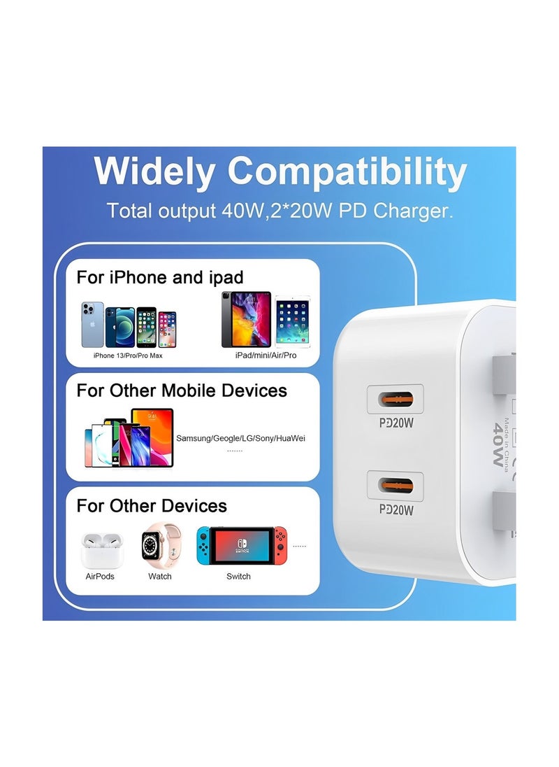 FIRST PRO Dual Type C Charger 40W - Fast Charging phone Adapter for android, iphone16 Pro max/iPhone 15 Pro Max, iPad Pro, Apple Devices, Samsung s23 ultra - 2 USB-C PD, Type C & Type-C Cable Included  - Image 3