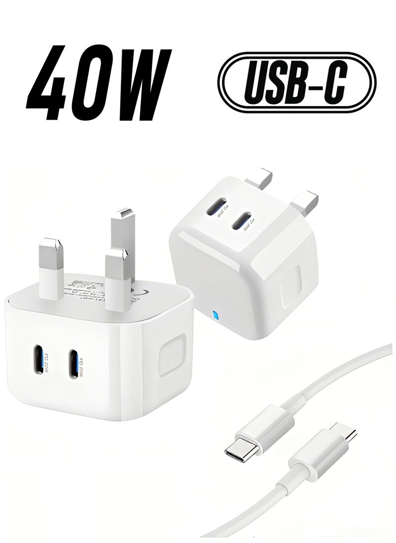 FIRST PRO Dual Type C Charger 40W - Fast Charging phone Adapter for android, iphone16 Pro max/iPhone 15 Pro Max, iPad Pro, Apple Devices, Samsung s23 ultra - 2 USB-C PD, Type C & Type-C Cable Included  - Image 1